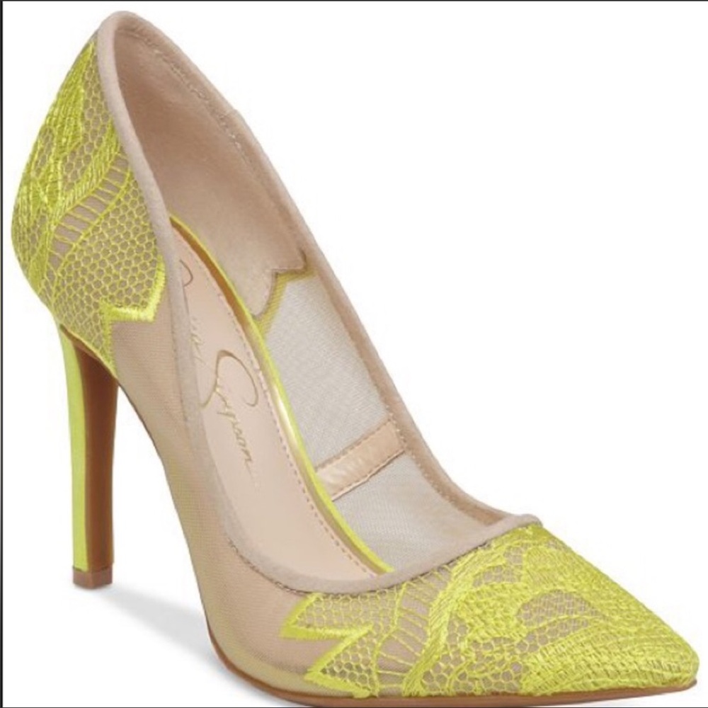 Canary yellow lace high heels